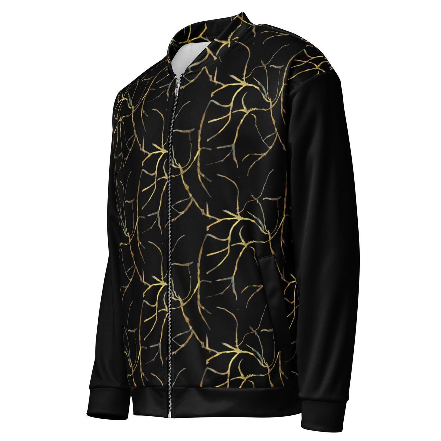 Plus Size Bomber Jacket: Black with Gold Geometric Print