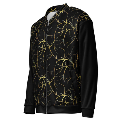 Plus Size Bomber Jacket: Black with Gold Geometric Print
