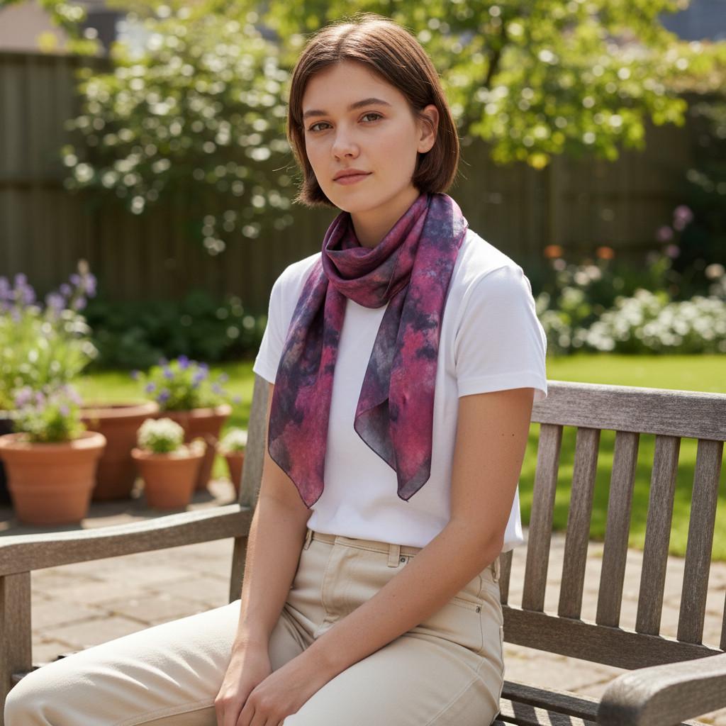 Ice-Dyed Red and Black Silk Scarf - Lightweight Neckerchief