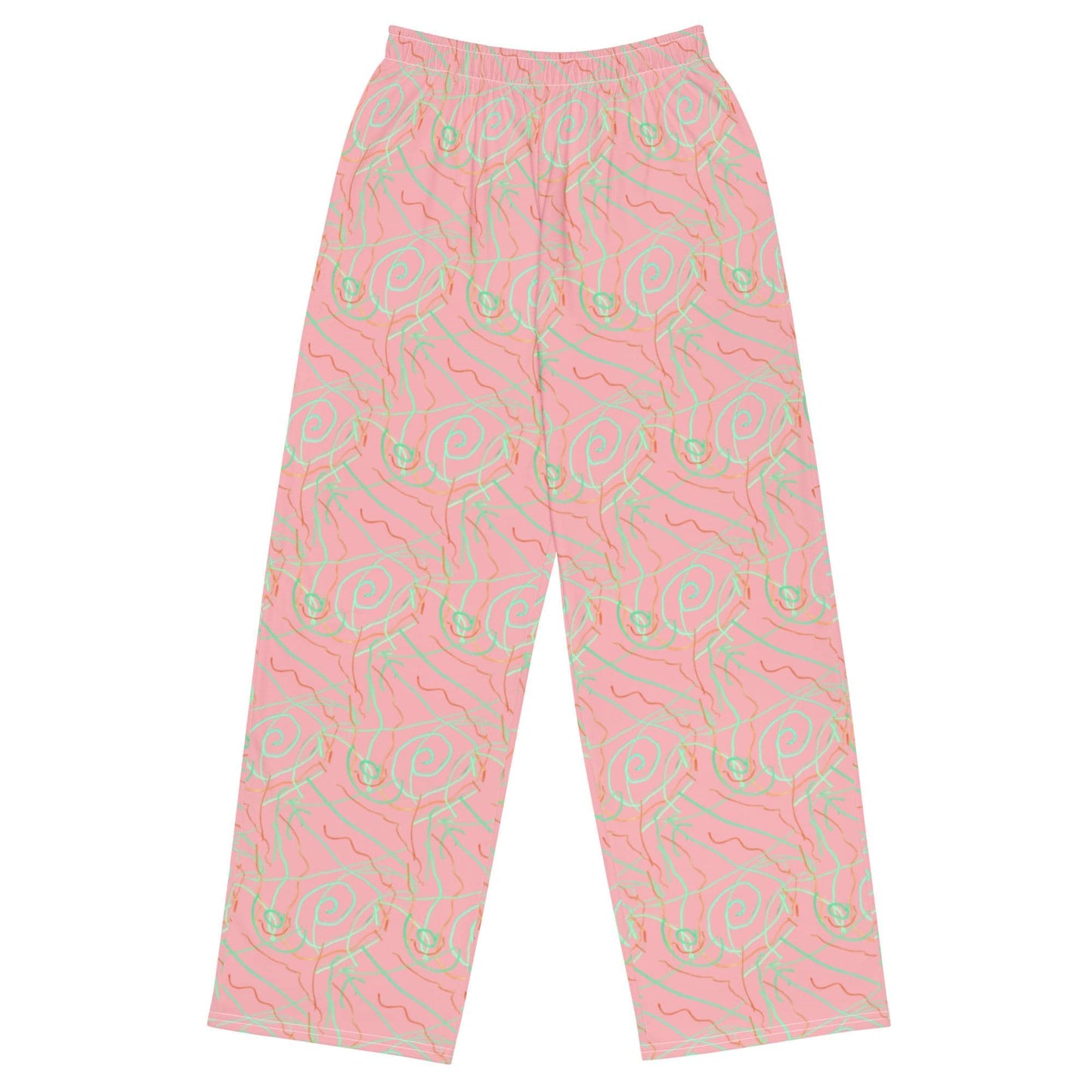 High Waisted Pastel Marble Trousers – Pink and Green Abstract Print Wide Leg Pants