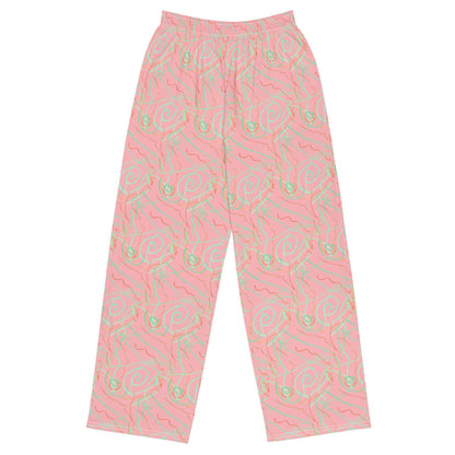 High Waisted Pastel Marble Trousers – Pink and Green Abstract Print Wide Leg Pants