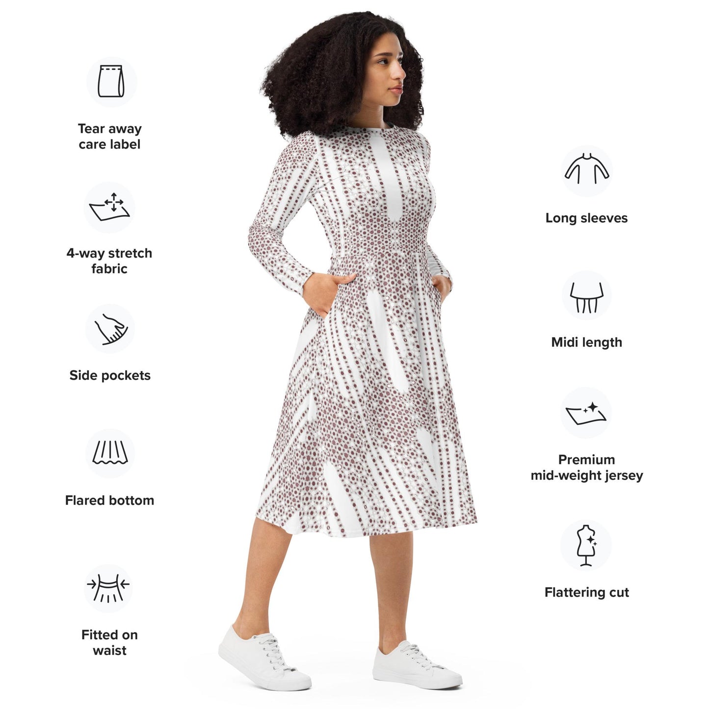 Bronze & White Skater Dress | Long Sleeve Midi with Pockets