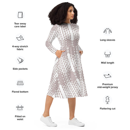 Bronze & White Skater Dress | Long Sleeve Midi with Pockets