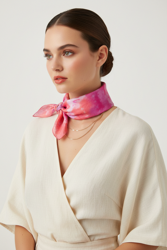 Pink Silk Scarf: Golden Yellow Watercolor Design, Elegant Soft Accessory