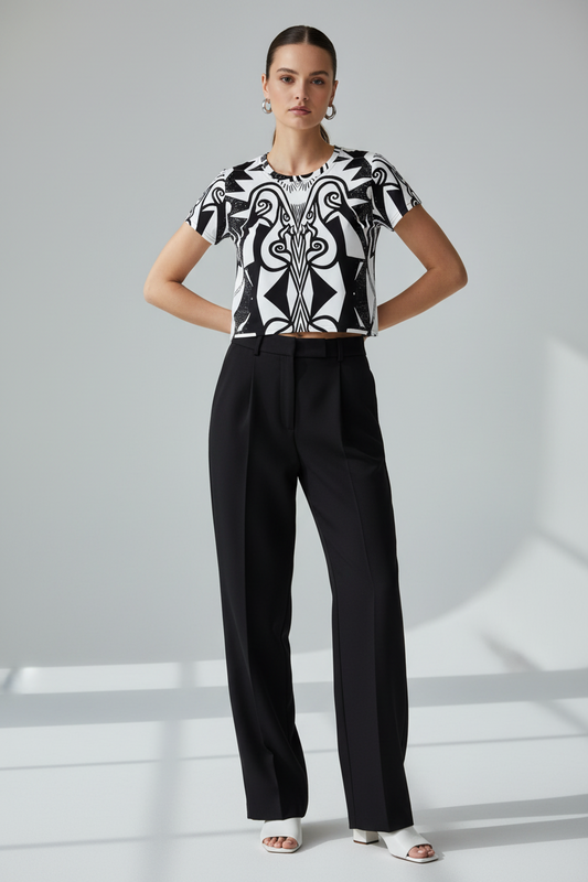 Abstract Art Deco Crop Top - Edgy Black and White Design