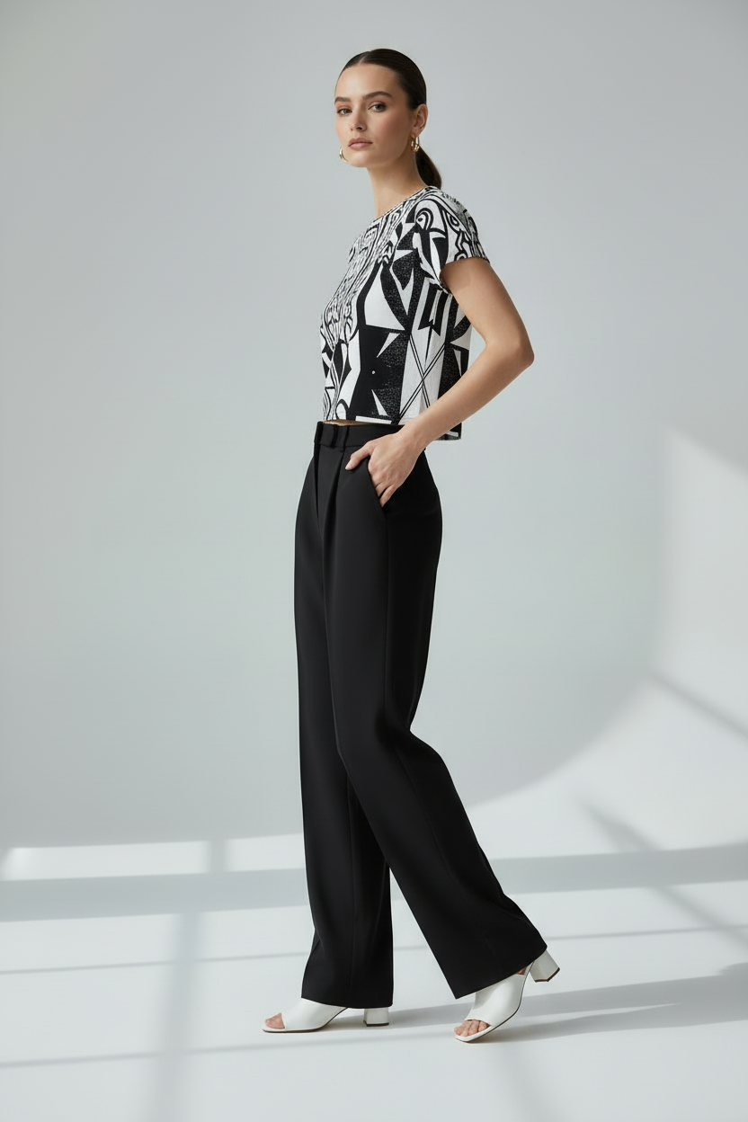 Abstract Art Deco Crop Top - Edgy Black and White Design