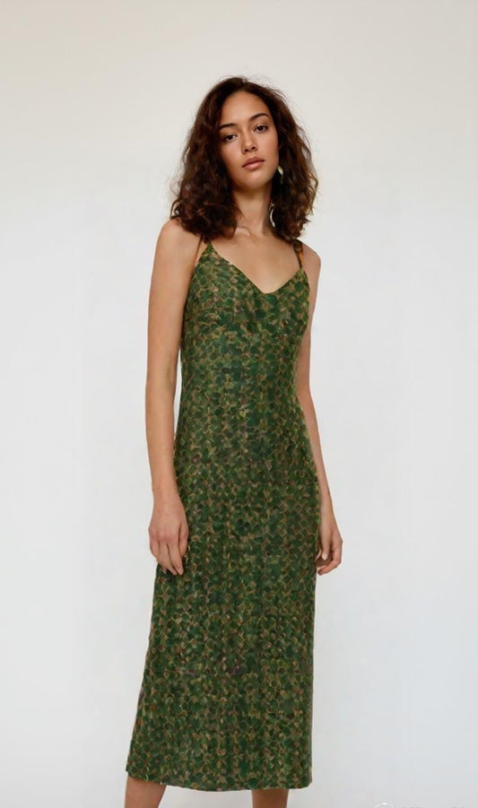 Emerald Earth-Tone Slip Dress | Sleeveless V-Neck Midi | Bohemian Garden Party Dress