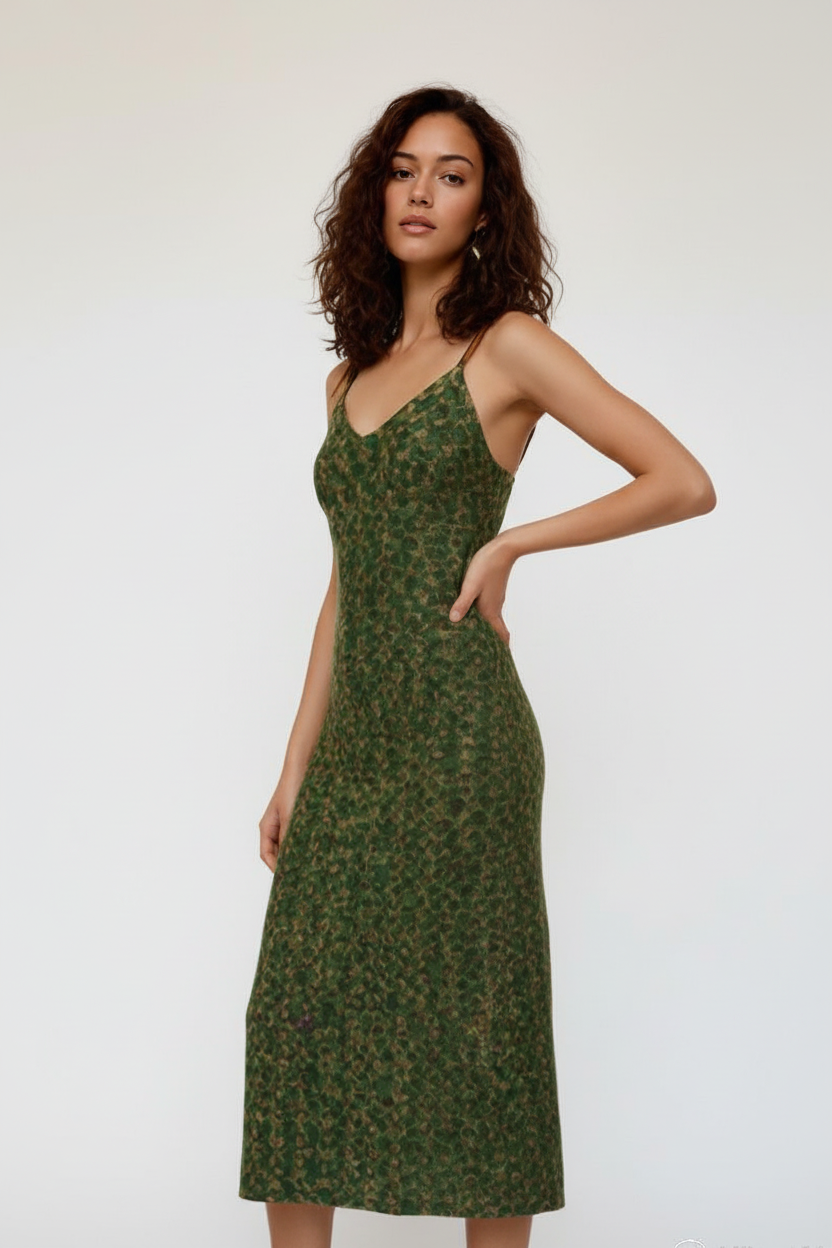 Emerald Earth-Tone Slip Dress | Sleeveless V-Neck Midi | Bohemian Garden Party Dress
