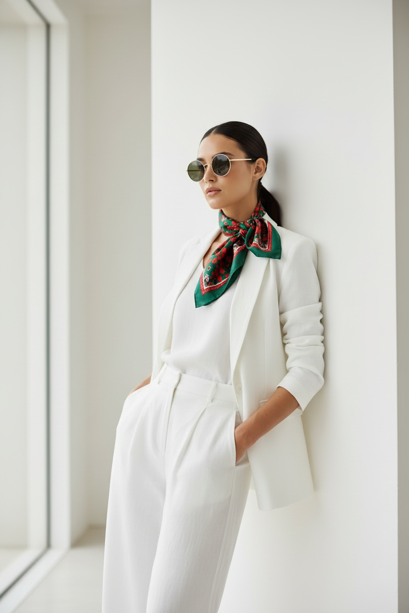 Green & Red Silk-Style Patterned Neck Scarf – Luxe Modern Accent