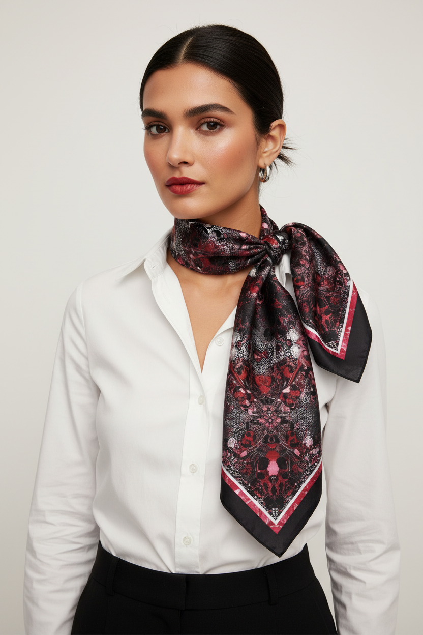 Classic Silk & Cotton Blend Pattern Bandana Scarf – Red, Black & White Neck Accessory