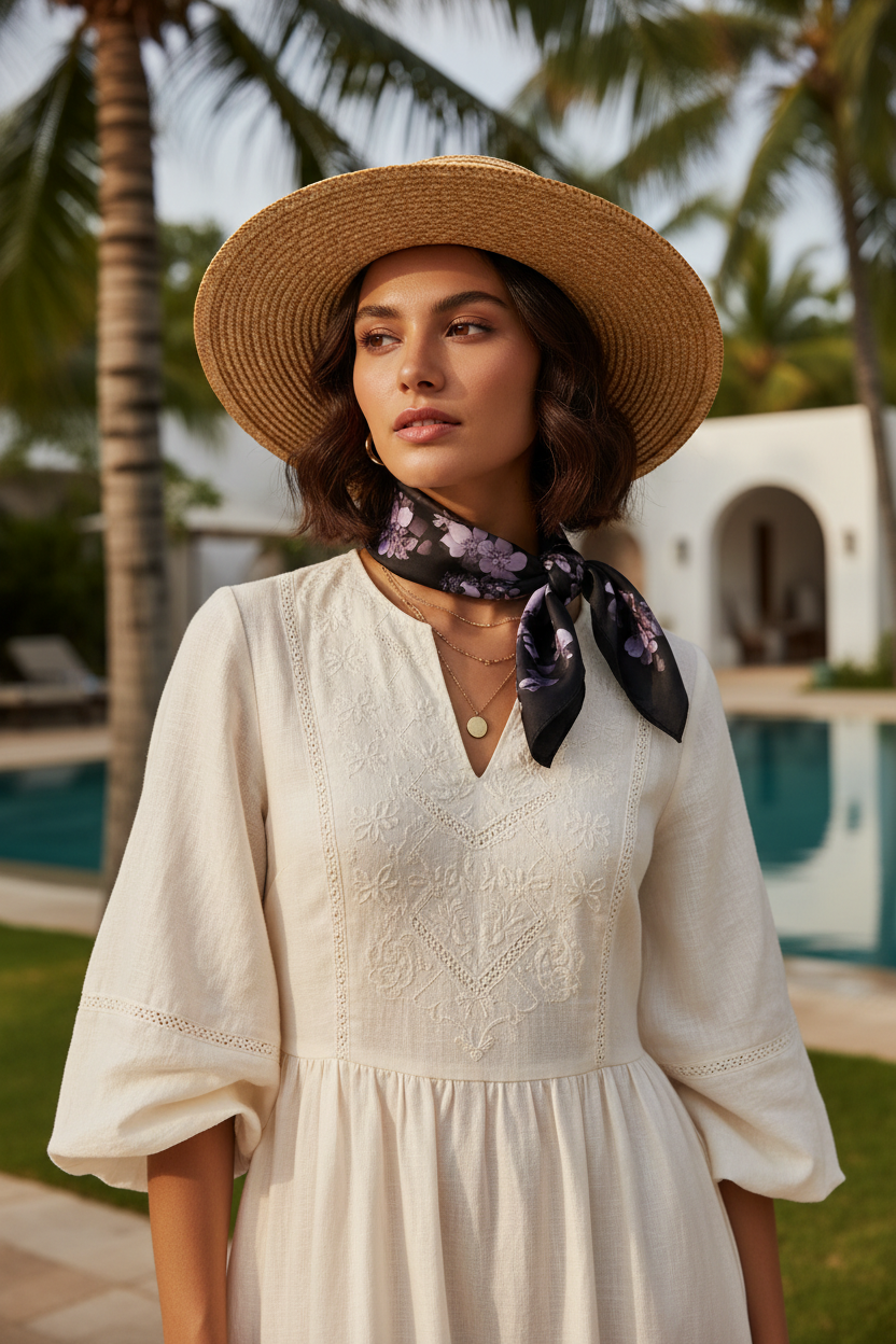 Midnight Bloom Premium Silk-Touch Neckerchief – Lavender Floral Print