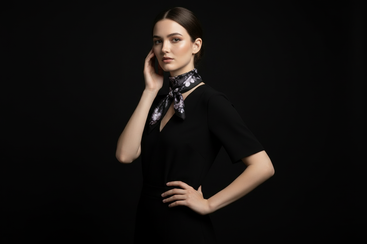 Midnight Bloom Premium Silk-Touch Neckerchief – Lavender Floral Print