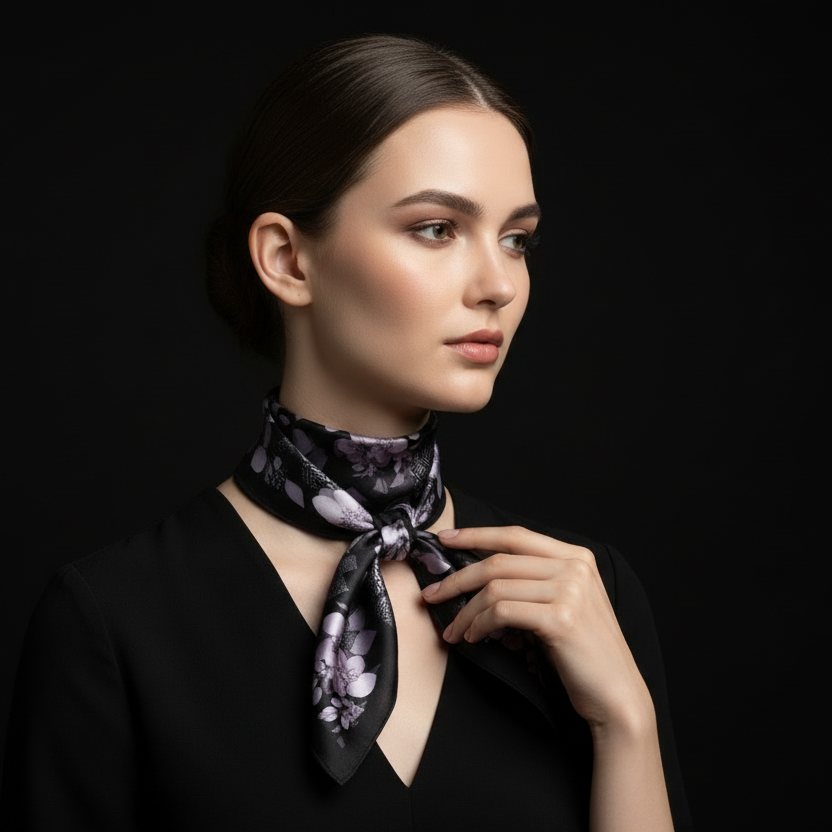 Midnight Bloom Premium Silk-Touch Neckerchief – Lavender Floral Print