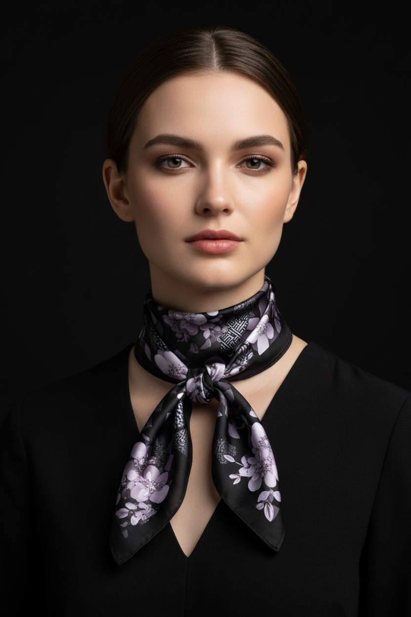 Midnight Bloom Premium Silk-Touch Neckerchief – Lavender Floral Print
