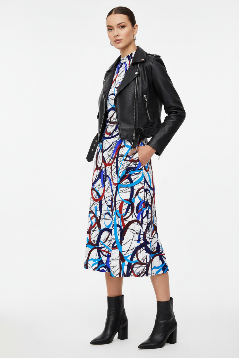 Long Sleeve Midi Dress- Abstract Printed Dress