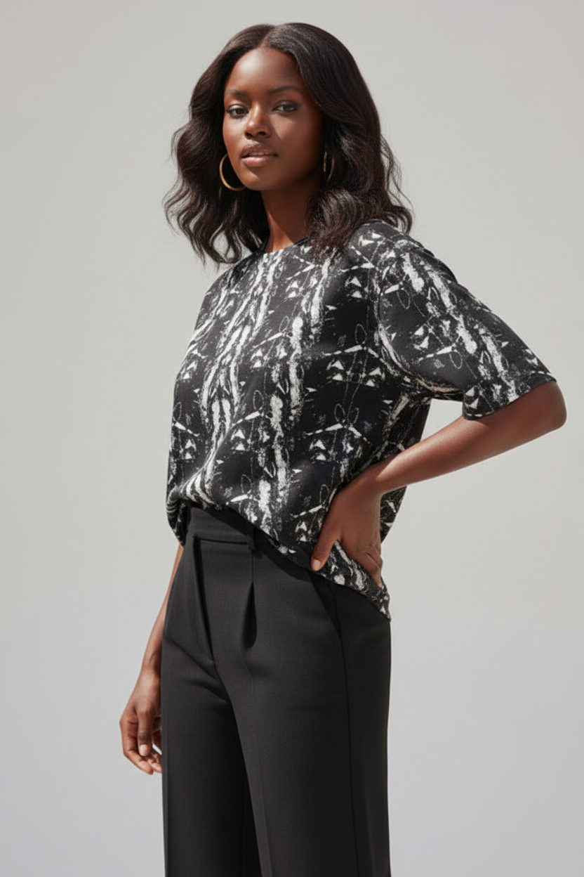 Oversized Cotton T-shirt- Monochrome Abstract Styled Top