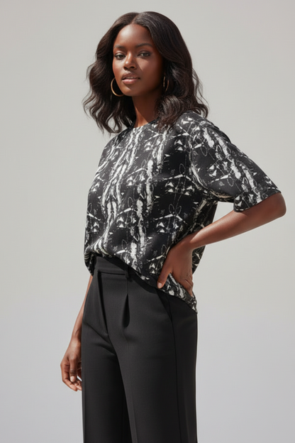 Oversized Cotton T-shirt- Monochrome Abstract Styled Top
