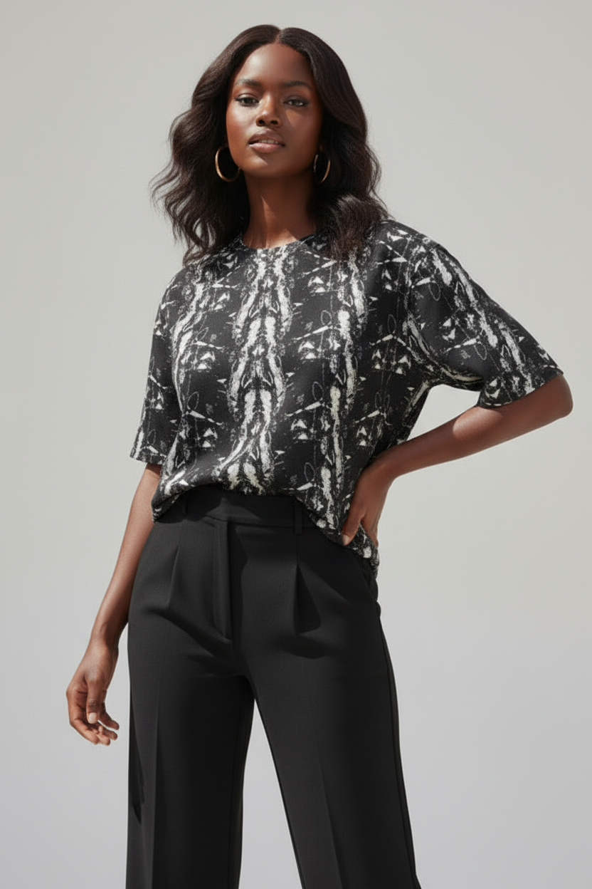 Oversized Cotton T-shirt- Monochrome Abstract Styled Top