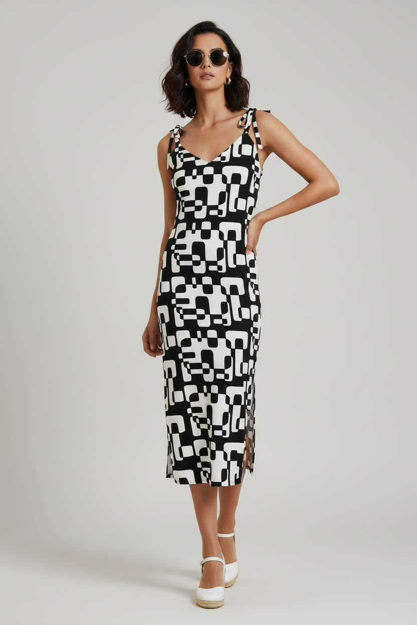 Tie-Strapped Dress- Black And White Abstract Dress