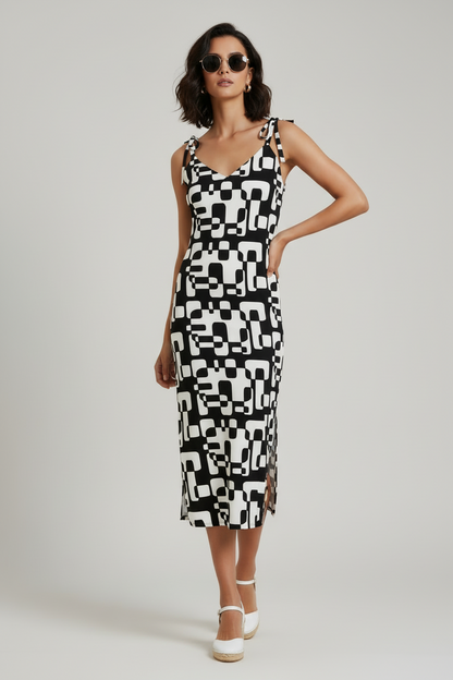 Tie-Strapped Dress- Black And White Abstract Dress