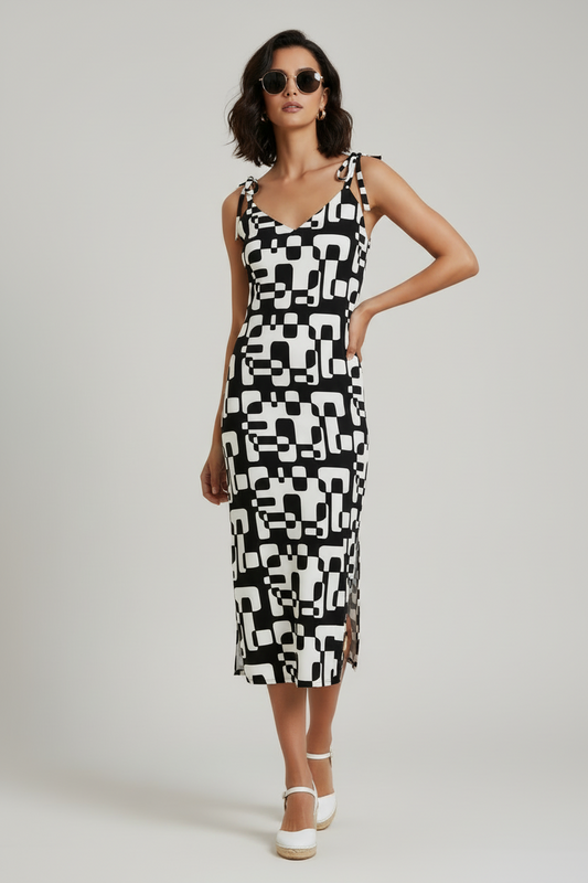 Tie-Strapped Dress- Black And White Abstract Dress