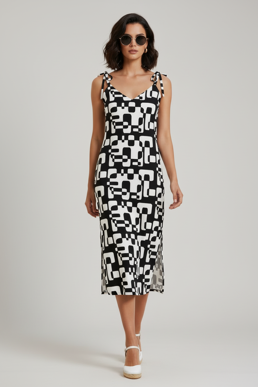 Tie-Strapped Dress- Black And White Abstract Dress
