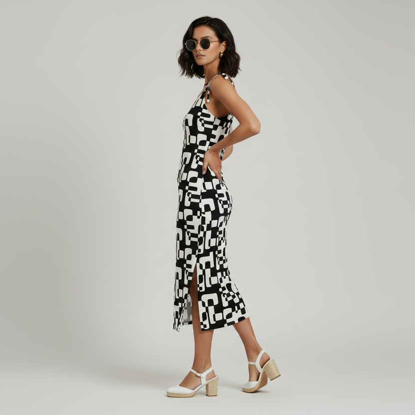 Tie-Strapped Dress- Black And White Abstract Dress