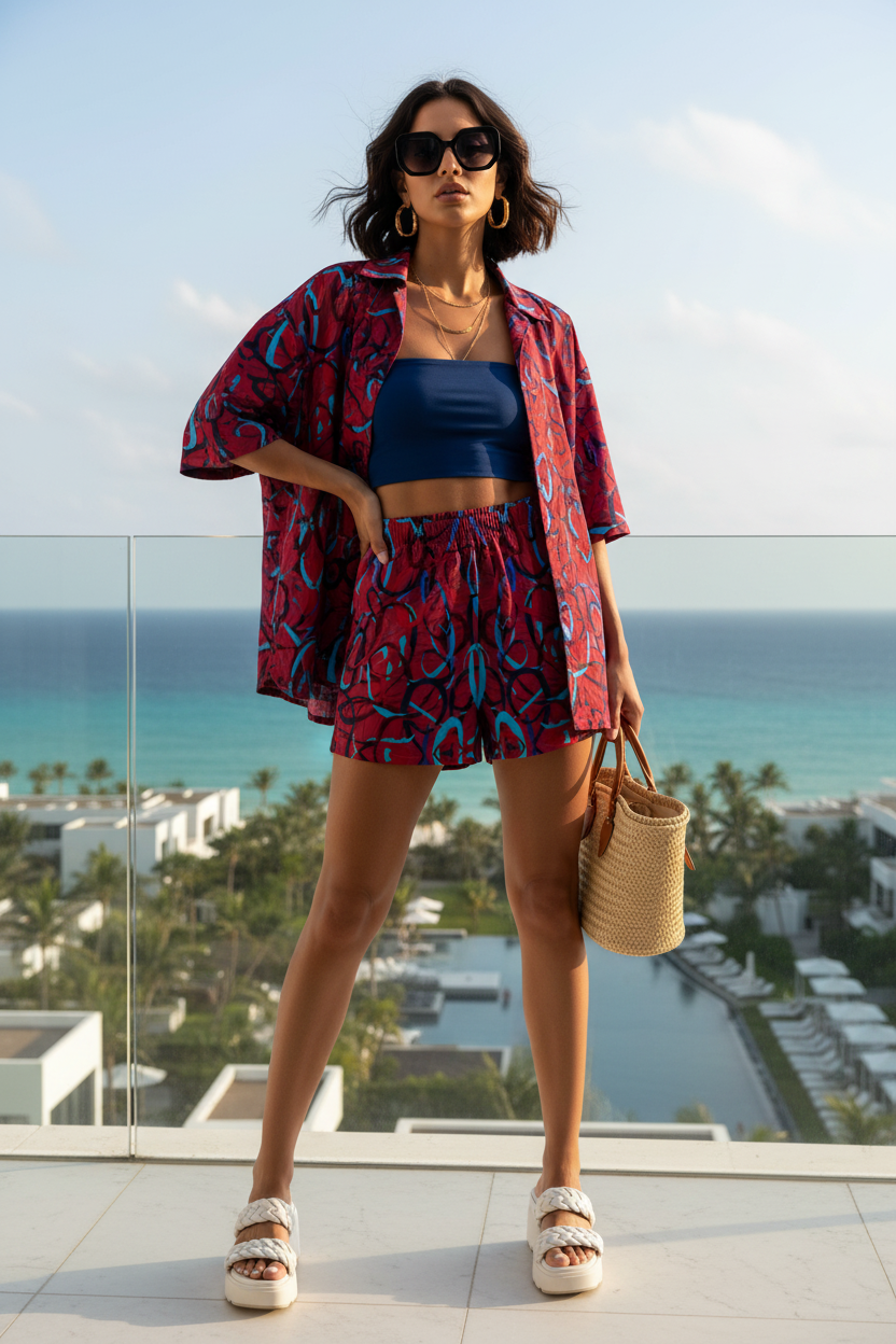 Crimson Current | Abstract Graffiti cotton shorts