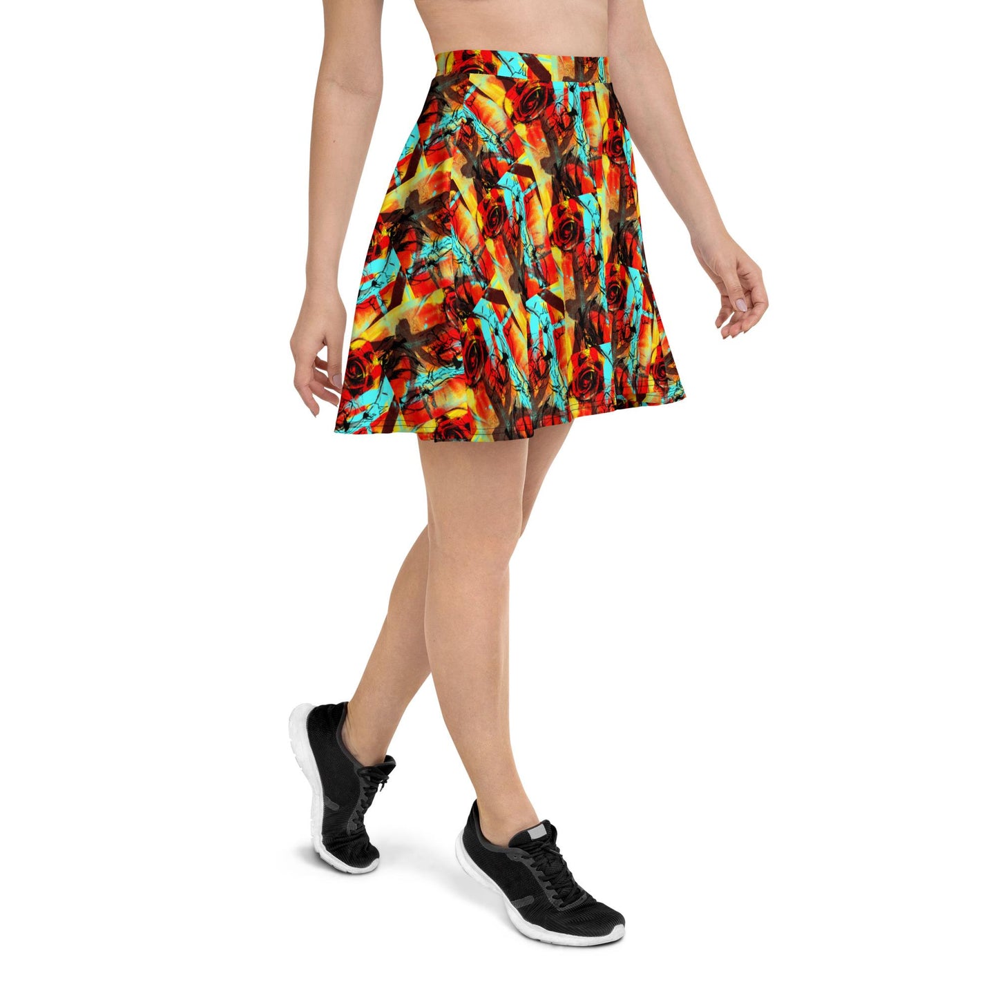 Abstract Floral Skater Skirt: Bright Colors, Elastic Waist