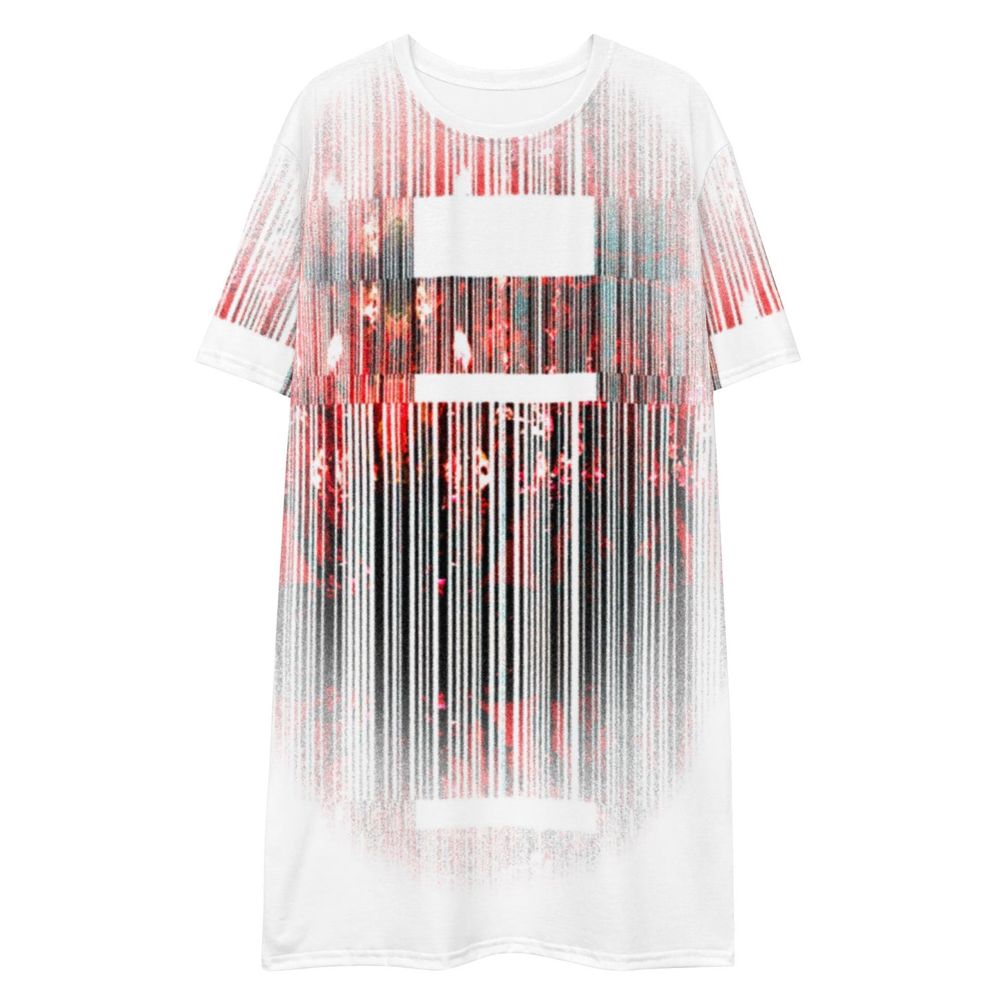 Barcode Print T-Shirt Dress: Oversized Red & White Ombré Design