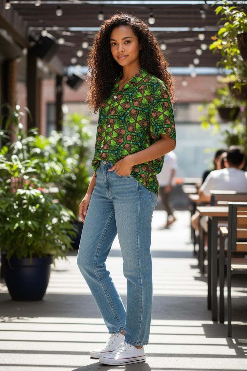 Green and Orange Button Shirt – Casual Vintage, Wrinkle-Free Comfort