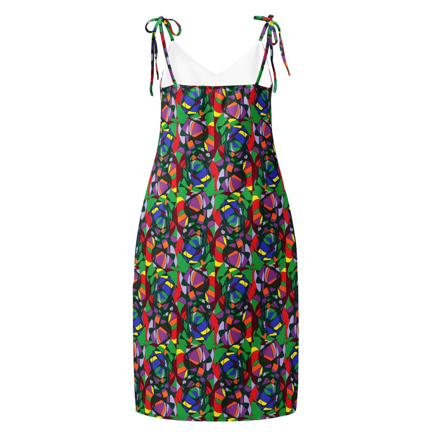 Tie-strap Vibrant Abstract Print Midi Dress | Colourful Sleeveless Summer Slip Dress | Artistic Boho Chic Sundress | Unique Women's