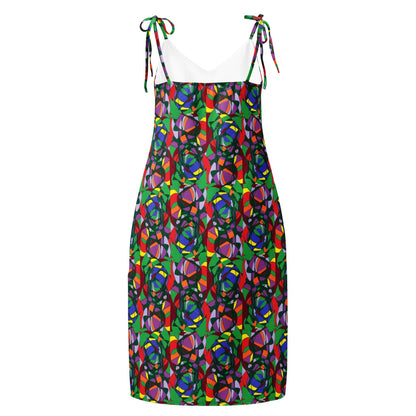 Tie-strap Vibrant Abstract Print Midi Dress | Colourful Sleeveless Summer Slip Dress | Artistic Boho Chic Sundress | Unique Women's