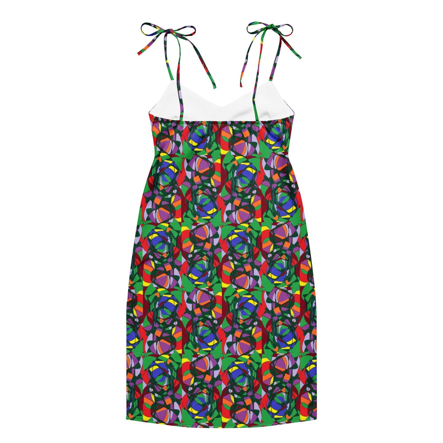 Tie-strap Vibrant Abstract Print Midi Dress | Colourful Sleeveless Summer Slip Dress | Artistic Boho Chic Sundress | Unique Women's
