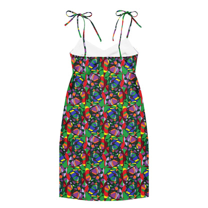 Tie-strap Vibrant Abstract Print Midi Dress | Colourful Sleeveless Summer Slip Dress | Artistic Boho Chic Sundress | Unique Women's