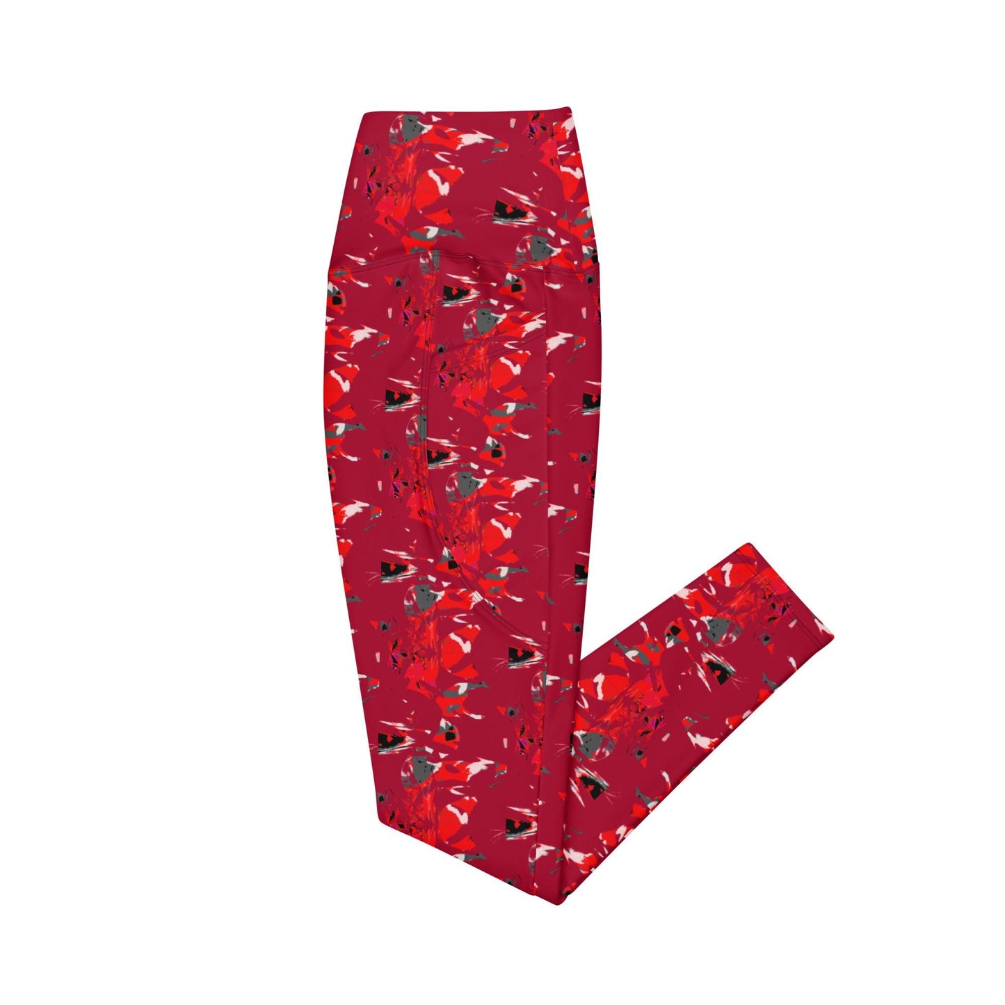 Red Abstract Pocket Leggings, High-Waisted Compression