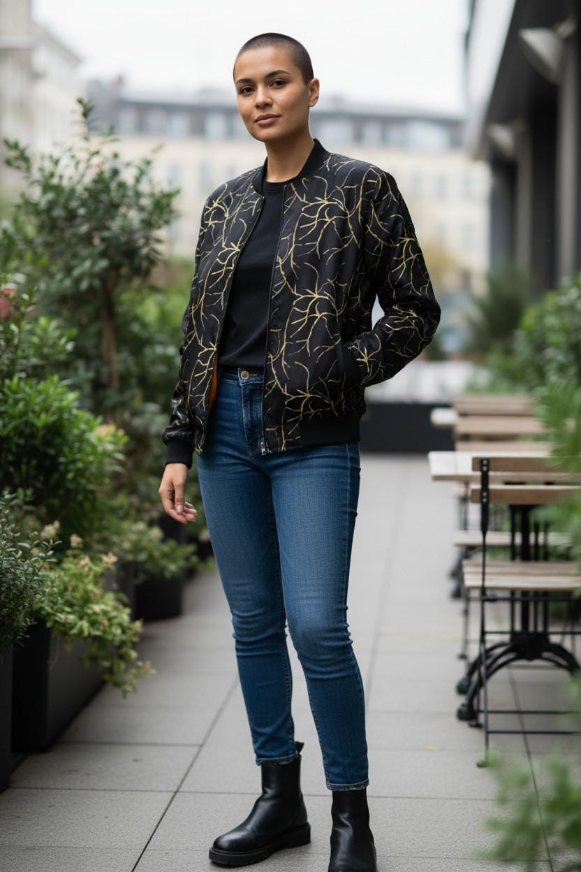 Plus Size Bomber Jacket: Black with Gold Geometric Print