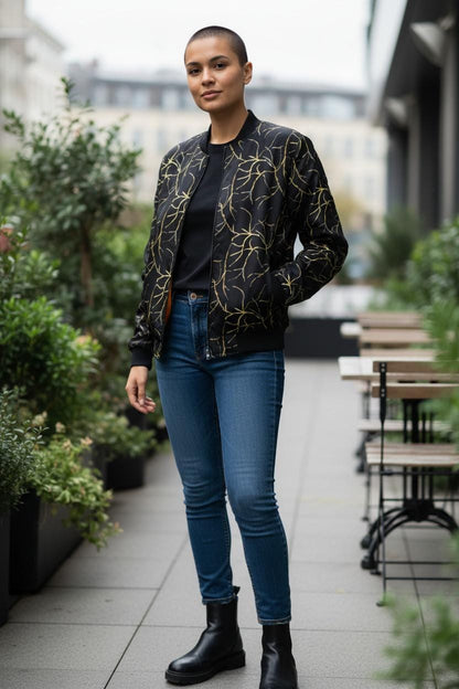 Plus Size Bomber Jacket: Black with Gold Geometric Print