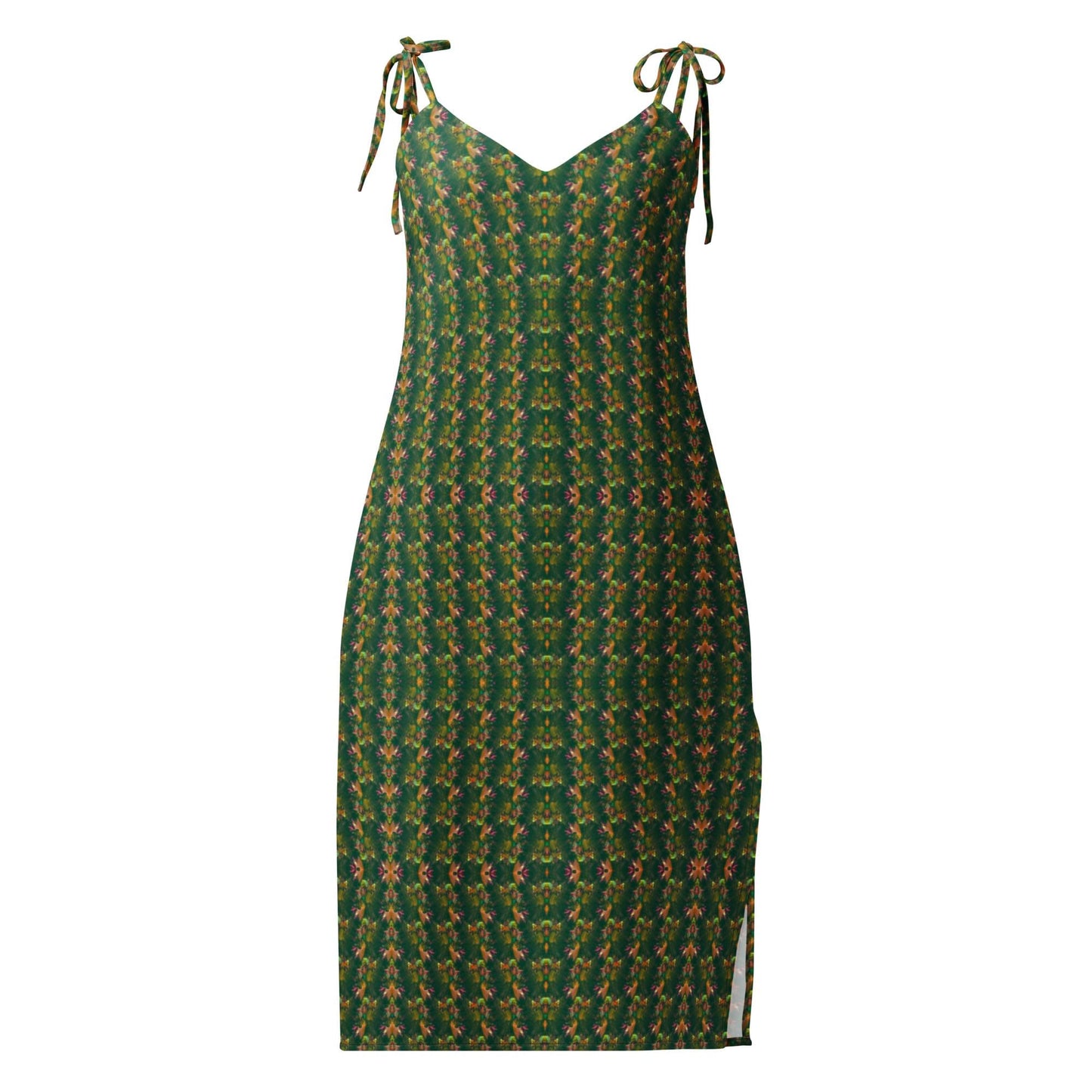 Emerald Earth-Tone Slip Dress | Sleeveless V-Neck Midi | Bohemian Garden Party Dress