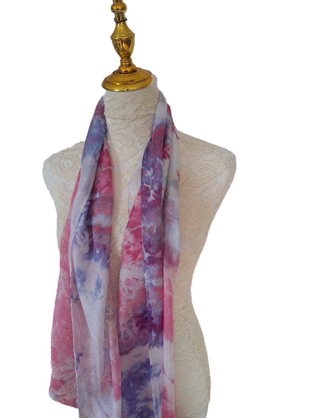 Handmade Ice Dyed Silk Scarf – Dreamy Pastel Watercolour Wrap in Pink, Purple & Blue