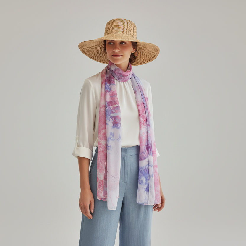 Handmade Ice Dyed Silk Scarf – Dreamy Pastel Watercolour Wrap in Pink, Purple & Blue
