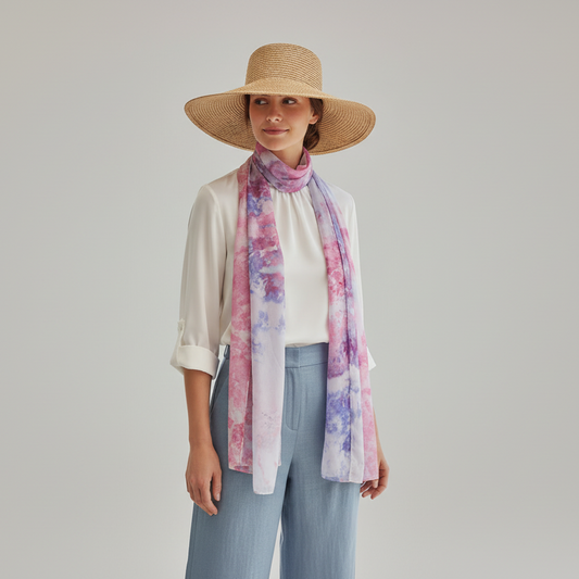 Handmade Ice Dyed Silk Scarf – Dreamy Pastel Watercolour Wrap in Pink, Purple & Blue