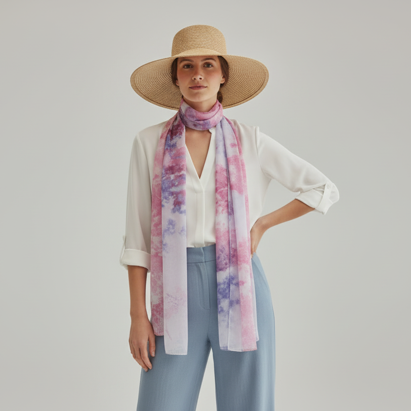 Handmade Ice Dyed Silk Scarf – Dreamy Pastel Watercolour Wrap in Pink, Purple & Blue