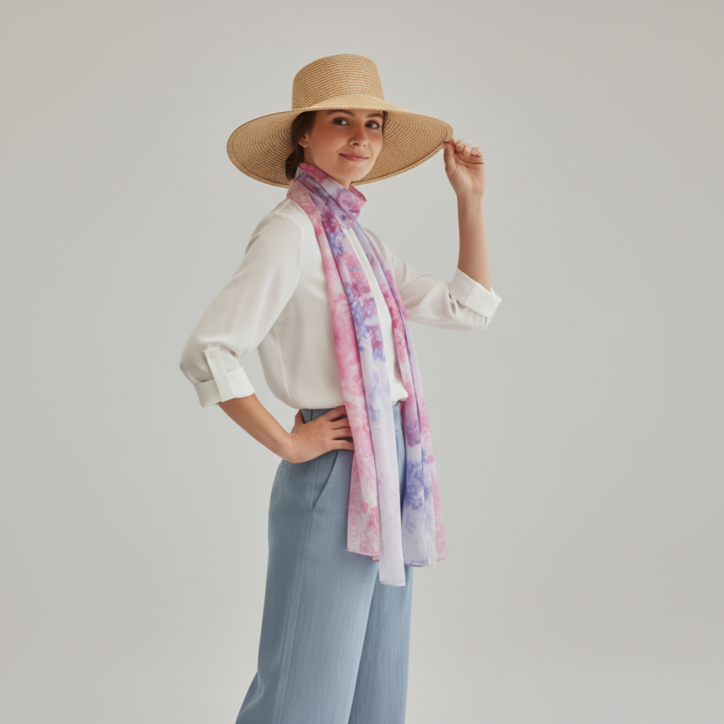 Handmade Ice Dyed Silk Scarf – Dreamy Pastel Watercolour Wrap in Pink, Purple & Blue