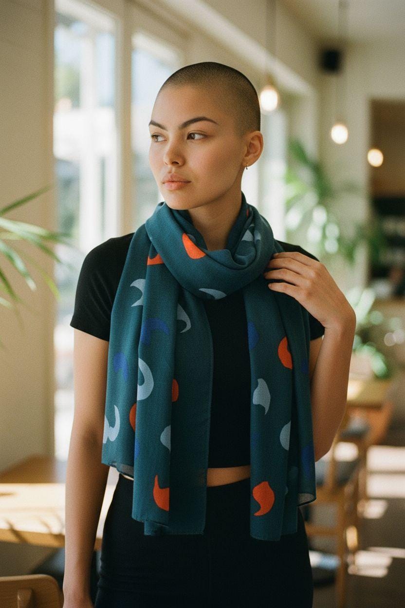 Teal Moon Phase Scarf – Soft Wool Blend Shawl with Abstract Crescent Pattern | Elegant Winter Wrap for Women | Cozy Gift Idea