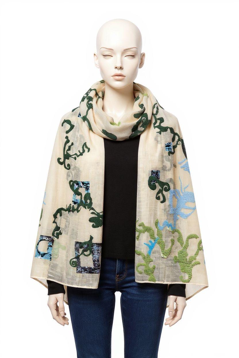 Boho Summer Shawl Wrap: Lightweight Beige Scarf with Puffy Swirls