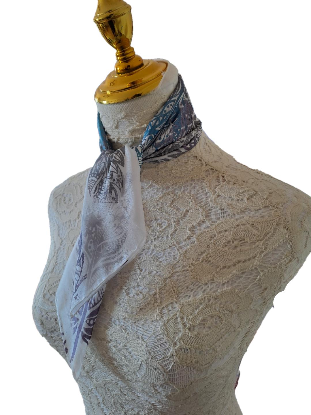 Handmade Silk Neckerchief: Silver & White Peacock Feather Scarf