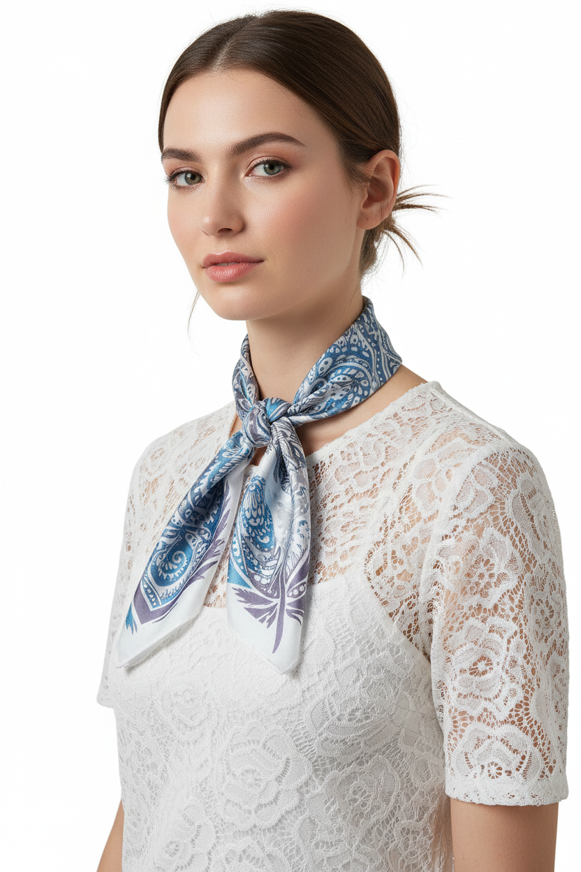Handmade Silk Neckerchief: Silver & White Peacock Feather Scarf