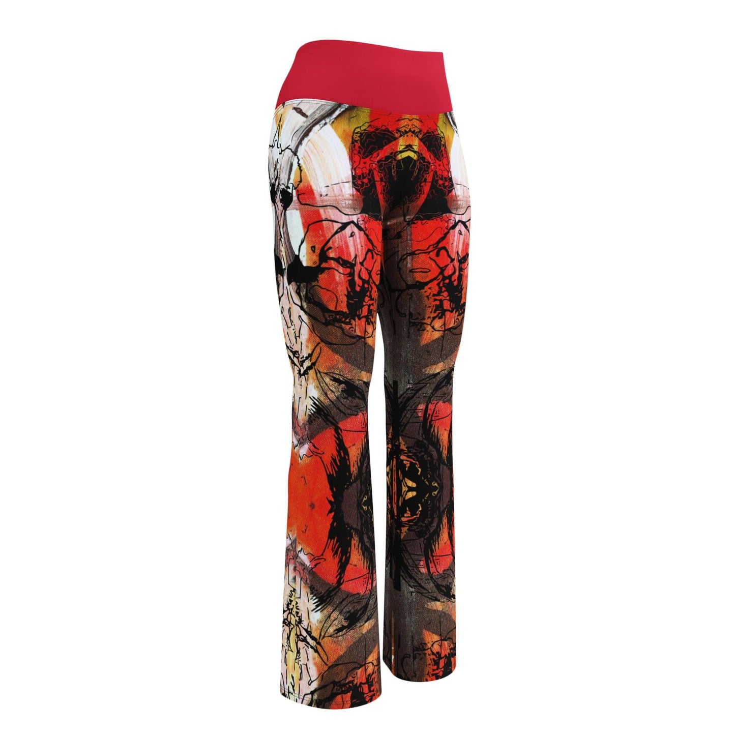 Red Abstract Floral Flare Leggings: High Waist Trousers