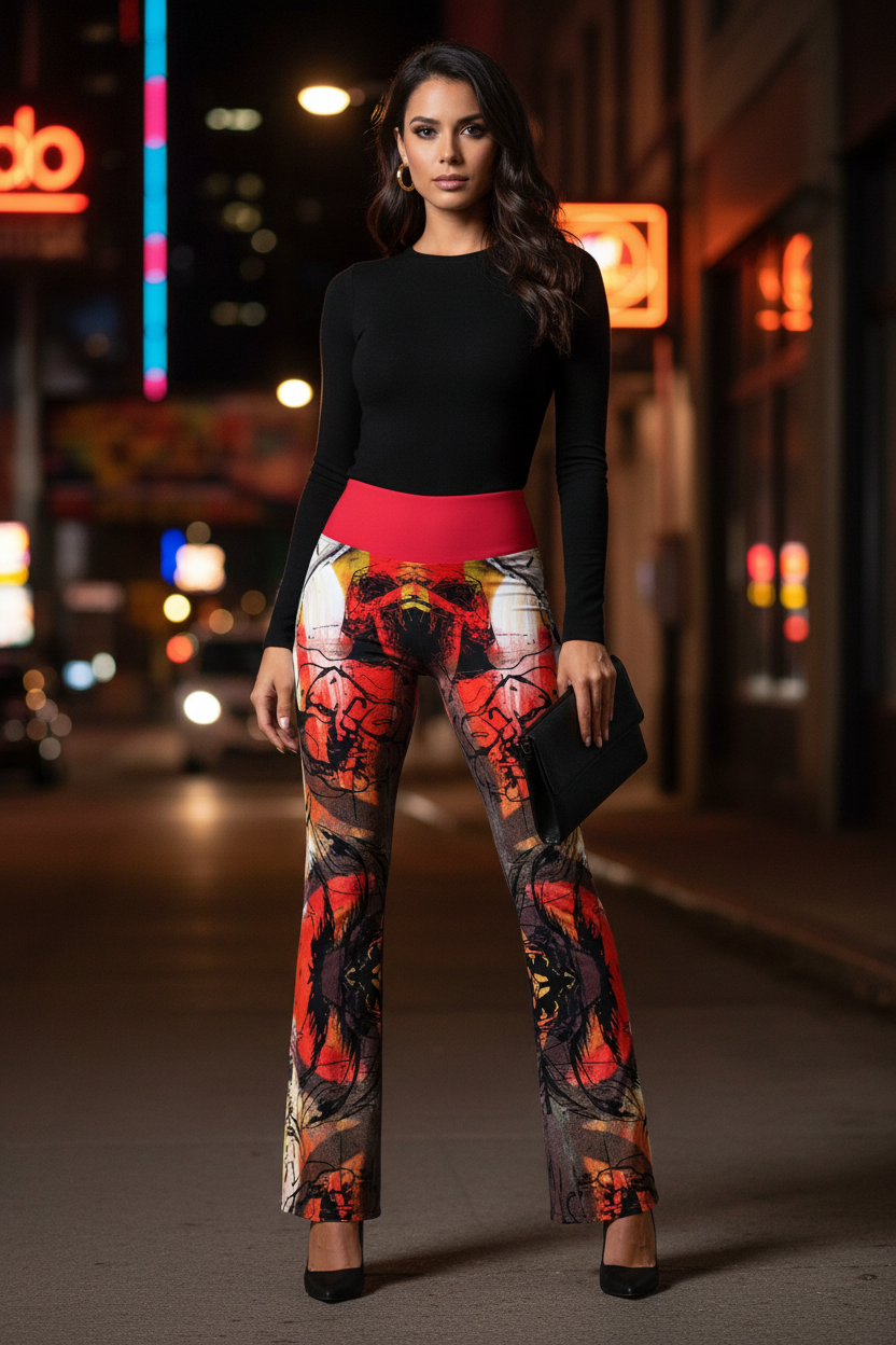 Red Abstract Floral Flare Leggings: High Waist Trousers
